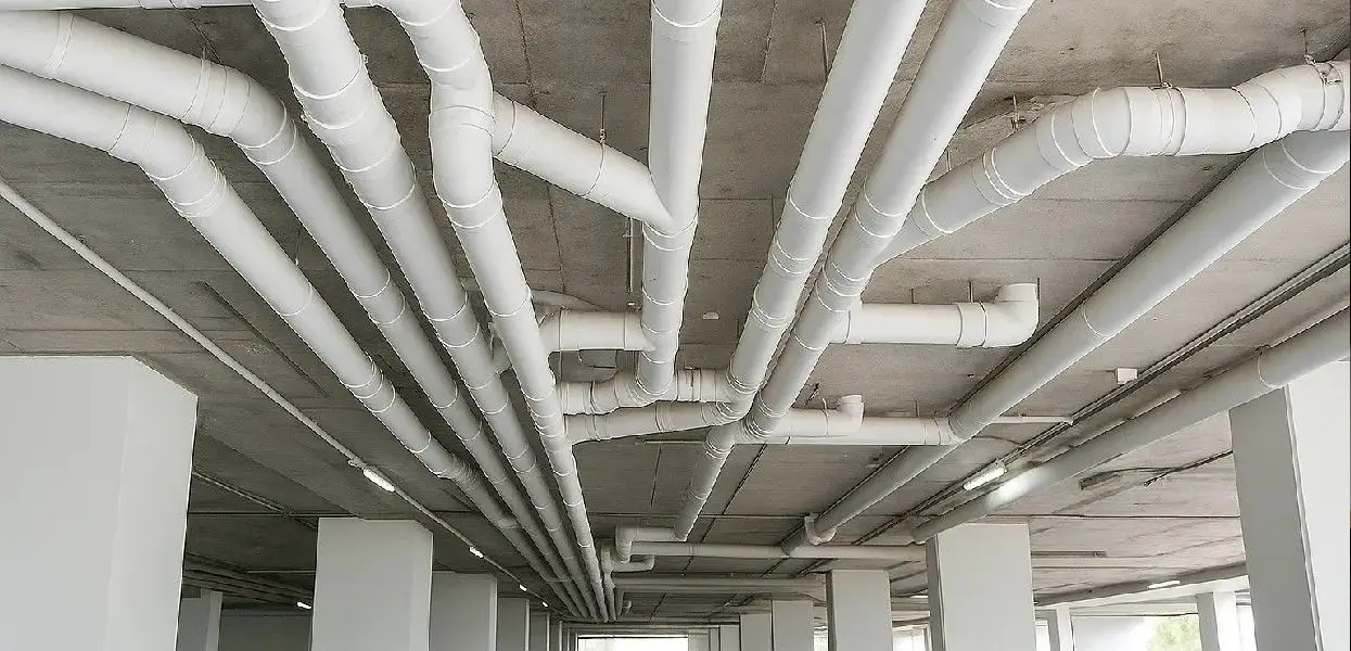 Suspended drainage pipework in an underground car park